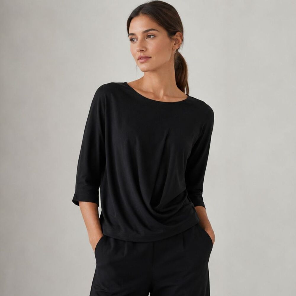 COS Black Draped Front Top Women's S 3/4 Sleeve Minimalist Rayon Blend